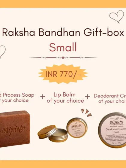 Our small Raksha Bandhan Gift Box, a fully customizable set including a cold process soap, lip balm, and deodorant cream of your choice.