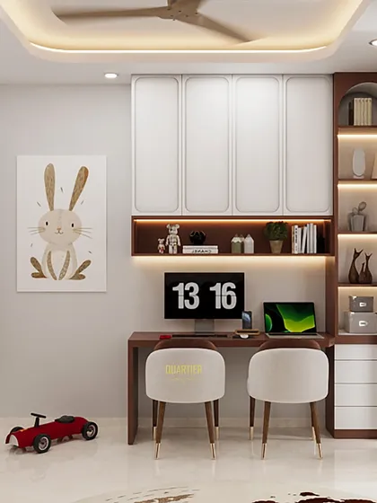 A full view of the kids' study area and wardrobe. The wardrobe doors feature a unique oval-shaped color block design, adding a playful and modern touch to the room.