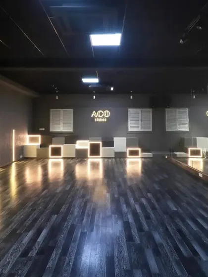 A wide view of our main dance hall at ACO Studios. The spacious layout is perfect for large group classes and workshops.