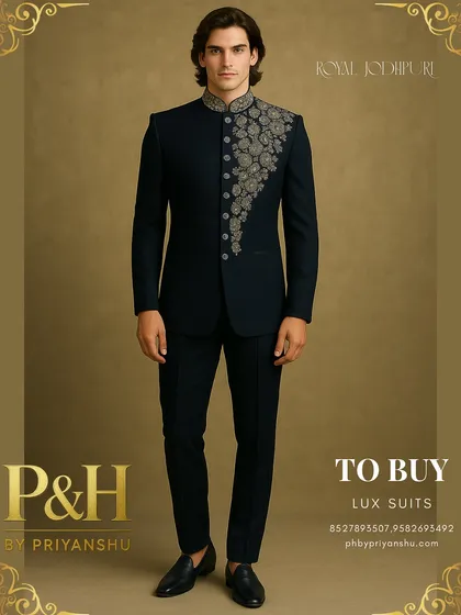 The Jodhpuri suit is a symbol of aristocratic style, and this dark navy blue creation is a testament to that legacy. I have enhanced its classic silhouette with intricate golden floral embroidery that cascades asymmetrically down the front, creating a look of undeniable power and elegance.