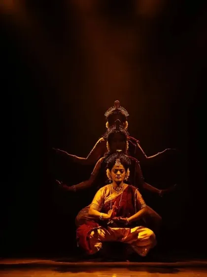 An artistic and symbolic pose from "Shrishti Stithi Laya". The dancers are aligned to create a visual echo, representing the cyclical nature of time and existence.