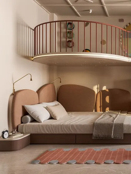 The curved mezzanine level adds a dynamic architectural element to the room, creating a fun loft for play while the area underneath remains a restful sleeping zone.