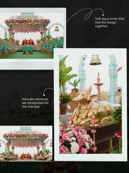 For this mandap, we handpicked intricate elements like the golden Nandi and temple bells, pairing them with soft aqua tones and lush florals. Every detail was chosen to create a design that felt both divine and deeply personal.