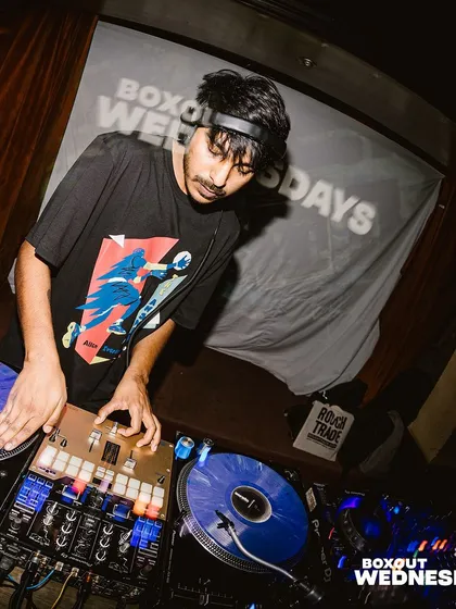 A shot of me playing at Boxout Wednesdays in Delhi. I was spinning a mix of breaks, dnb, and jungle, representing the Junket crew sound in a new city.