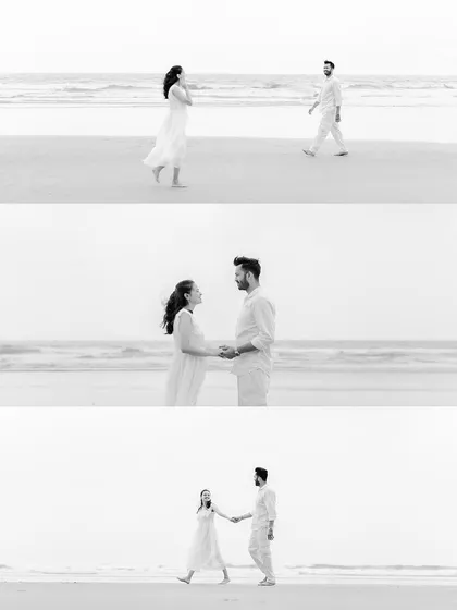 A black and white triptych that beautifully captures the narrative of a couple meeting and walking together on a serene beach.