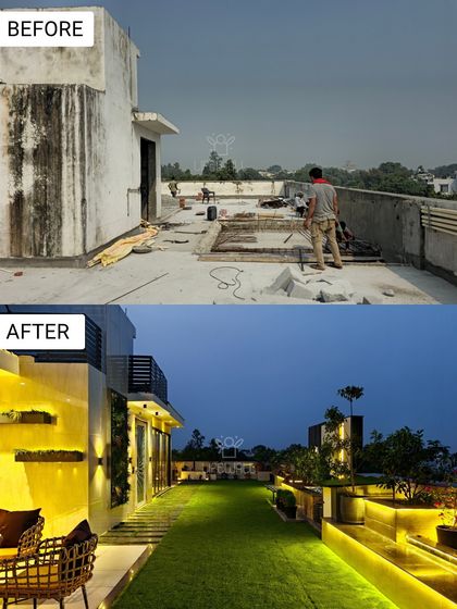 Witness the transformation from a dilapidated rooftop to a sprawling green lawn with modern lighting. We installed integrated LED strips along the planters and pathways to guide the way and create a warm, inviting atmosphere at night.
