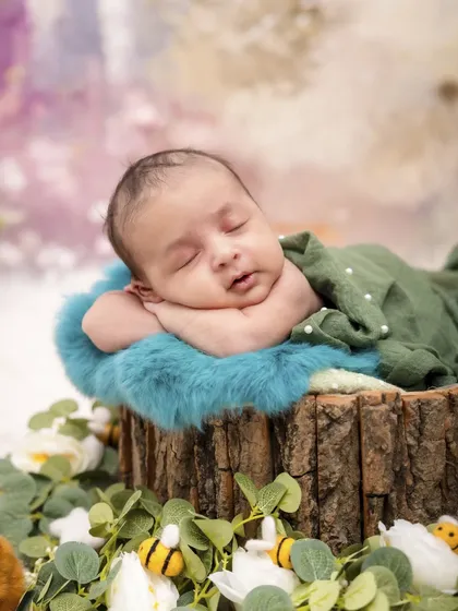 A sweet newborn rests on a log prop, surrounded by greenery and tiny bumblebees. This woodland-themed photo creates a magical garden scene, perfect for a nature-loving family.