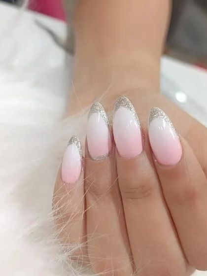 Another angle of the pink and white ombre with a silver glitter tip, showing the beautiful gradient effect.