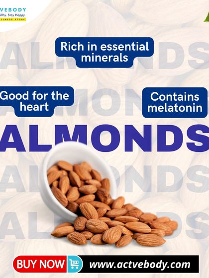 Almonds are good for the heart, rich in essential minerals, and contain melatonin for better sleep. This simple graphic highlights the key benefits of making almonds your go-to healthy snack.