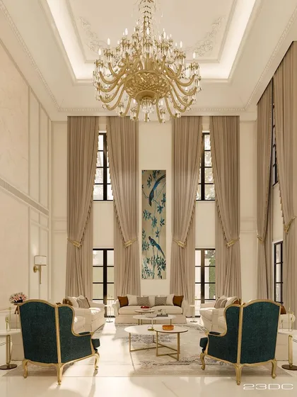 In this double-height living room, we paired a grand crystal chandelier with tall windows and flowing curtains to create a sense of vertical space. The deep green armchairs add a touch of color and contrast to the neutral, elegant palette.