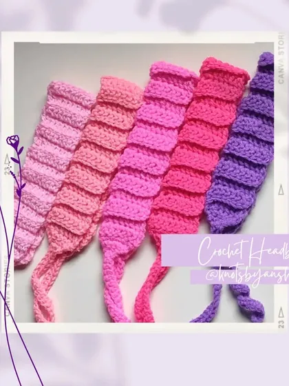 A lineup of my cozy crochet headbands in a beautiful gradient of pinks and purples. They are stretchy, comfortable, and perfect for keeping your hair back.