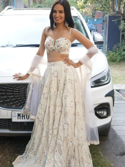 Our new stock includes this stunning ivory floral lehenga. Perfect for a daytime wedding or elegant evening event.