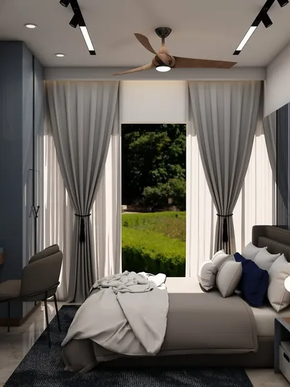 This perspective shows the flow of the room, from the bed to the window and the integrated wardrobe and desk unit, demonstrating our expertise in functional layout planning.
