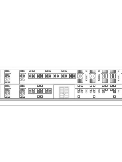An elevation drawing of the Buddhi School facade, detailing the pattern of windows and vertical brick fins. This drawing illustrates the thoughtful composition of openings designed to optimize light and air circulation.