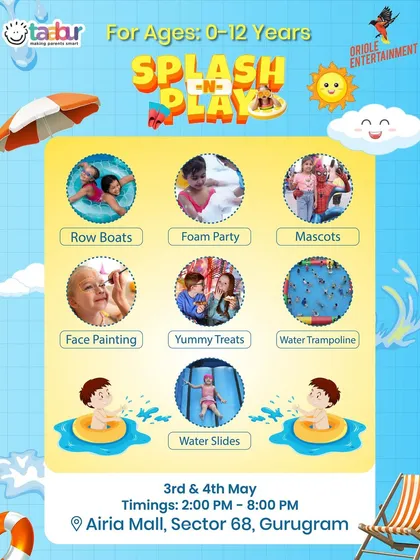A detailed poster for Splash-N-Play, showing all the attractions like row boats, foam party, water slides, and face painting.