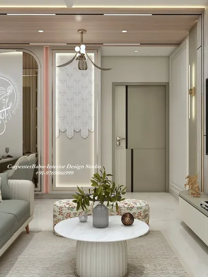 This view shows how the dining area seamlessly connects to the living room. The consistent use of neutral tones, wood, and floral patterns creates a harmonious flow.