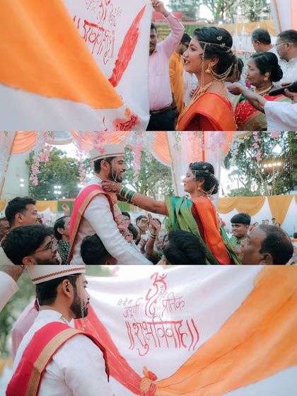The 'antarpat' ritual, where a cloth separates the bride and groom before they see each other. We capture the anticipation and the traditional significance of this moment.