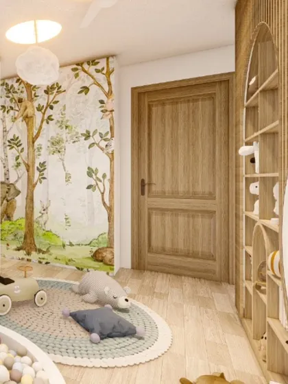 This view of the toddler's room shows the whimsical forest mural and the arched, backlit shelving unit. The design focuses on creating multiple zones for play, reading, and rest within one space.