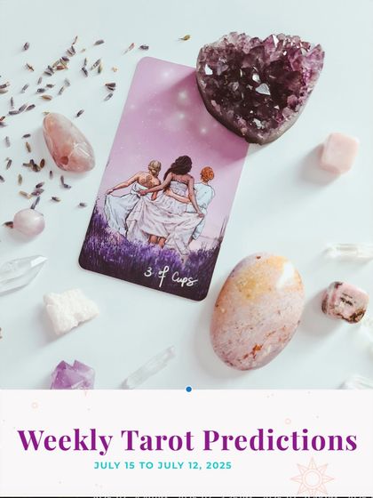 An archived weekly tarot prediction post, featuring the 3 of Cups card surrounded by healing crystals.