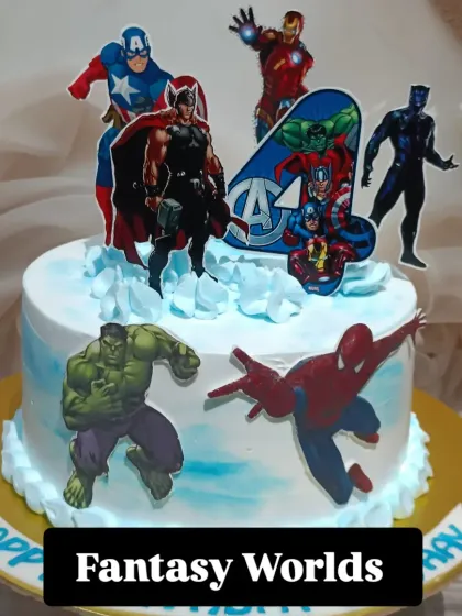 Assemble the perfect birthday with this Avengers-themed cake. It features edible cutouts of Iron Man, Captain America, Thor, Hulk, and Spider-Man.
