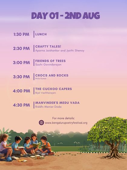 The detailed schedule for Day 1 of the Children's Fest at the Bengaluru Poetry Festival, showcasing a lineup of stories, crafts, and fun sessions.