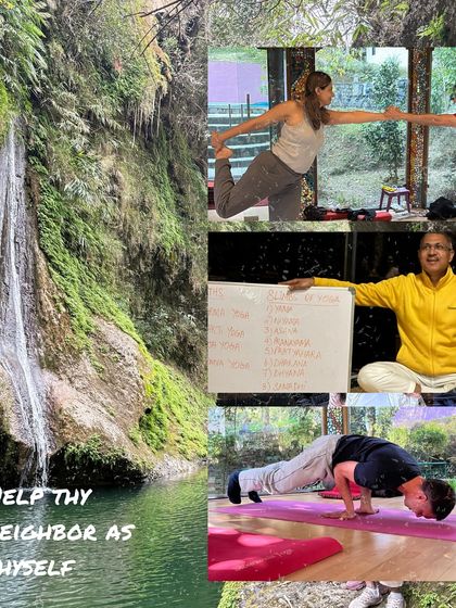 A collage capturing the essence of our Himachal retreat: partner yoga, philosophy lectures, challenging asanas, and serene nature walks to a waterfall.