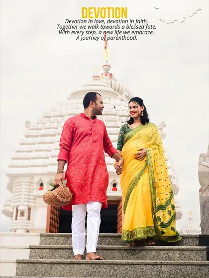 Blending faith and new beginnings, this outdoor session at a temple is deeply meaningful. The couple is dressed in traditional attire, creating a portrait that honors their cultural heritage and the spiritual significance of their journey to parenthood.