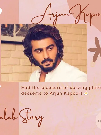 A "Celeb Story" post celebrating the opportunity to cater plated desserts for actor Arjun Kapoor.