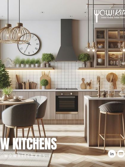A bespoke kitchen designed just for you. This beautiful rendering showcases a rustic yet modern design with open shelving, a small dining nook, and plenty of greenery.