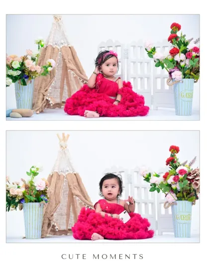 A two-photo collage titled "Cute Moments" from the simple studio session. It shows the baby girl in her bright pink dress, capturing her sweet and inquisitive nature.