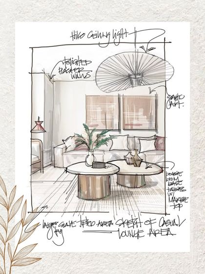 A detailed concept sketch for a casual lounge area. Our hand-drawn sketches include notes on lighting, materials, and furniture, capturing the vision and intention behind the design.