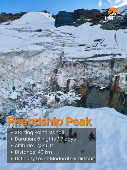 An info card for the Friendship Peak expedition. A 7-day, 40 km journey that is moderately difficult and takes you to 17,346 ft.