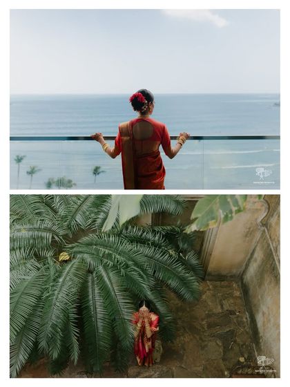 A two-part collage from a Sri Lankan coastal wedding. The bride looks out at the ocean, and an aerial shot shows her surrounded by lush palm trees, perfectly capturing the beauty of the destination.