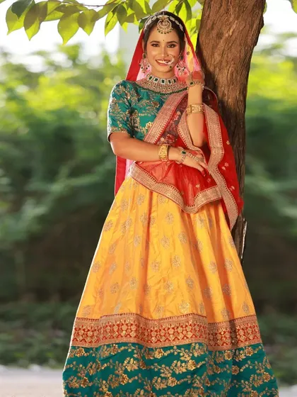 A smiling portrait from our 'Ruby from Heeramandi' series. The natural outdoor lighting beautifully illuminates the model's face and the vibrant colors of the lehenga.