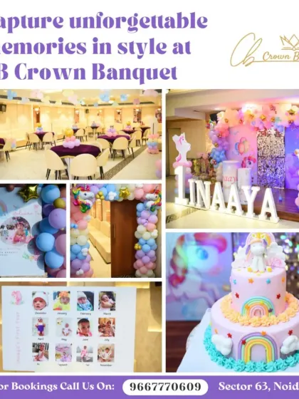 A magical unicorn and rainbow-themed birthday party. This collage shows our hall decorated for the theme, a custom photo board, and a beautiful multi-tiered cake, showcasing a complete themed package.