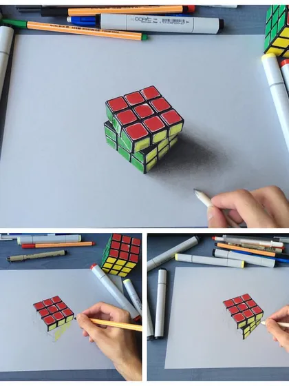 The process behind my Rubik's cube drawing. This collage shows how I map out the colors and shadows step-by-step to create the final 3D look.