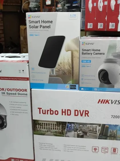 I provide a range of security solutions, including Hikvision DVRs, indoor and outdoor cameras, and even advanced options like this EZVIZ smart home battery camera with a solar panel for power.