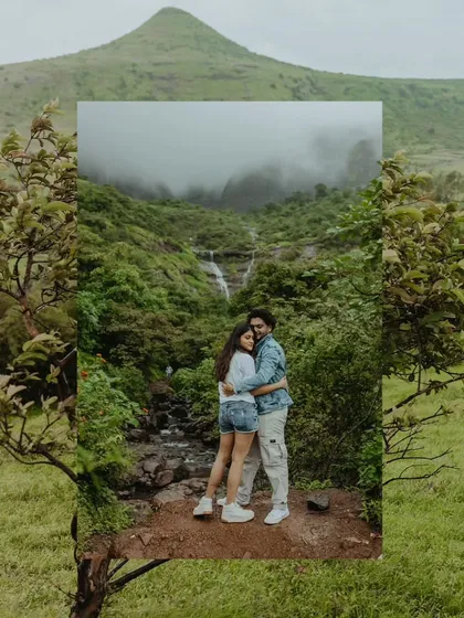 A creative composition blending a couple's intimate portrait with the vast, misty waterfalls and greenery of a Nashik destination shoot. This showcases my approach to storytelling through landscape.