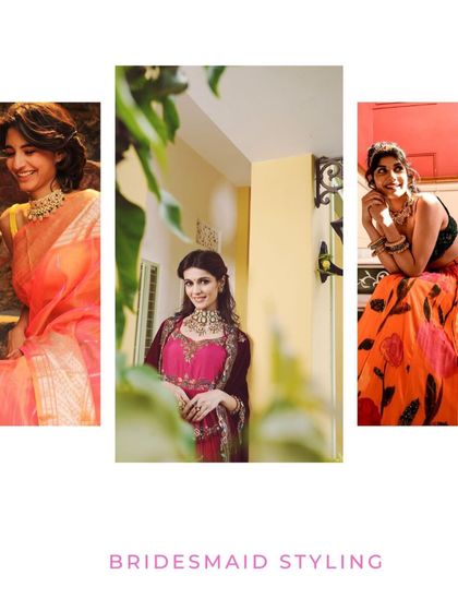 A collage showcasing our bridesmaid styling services. We create looks that complement the bride while allowing each bridesmaid's individual style to shine.