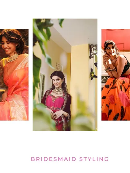 A collage showcasing our bridesmaid styling services. We create looks that complement the bride while allowing each bridesmaid's individual style to shine.