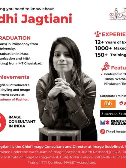 With over 12 years of experience, 1000+ makeovers, and 150+ corporate trainings for clients like Airtel and Maruti Suzuki, my approach is built on a foundation of proven results. I am an internationally certified Image Consultant and Soft Skills trainer, dedicated to your professional transformation.