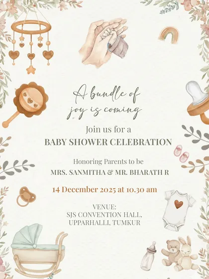It's not just about weddings. I loved creating this gentle, neutral-toned baby shower invitation. The soft watercolor illustrations of baby essentials create a feeling of warmth and excitement for the new arrival.
