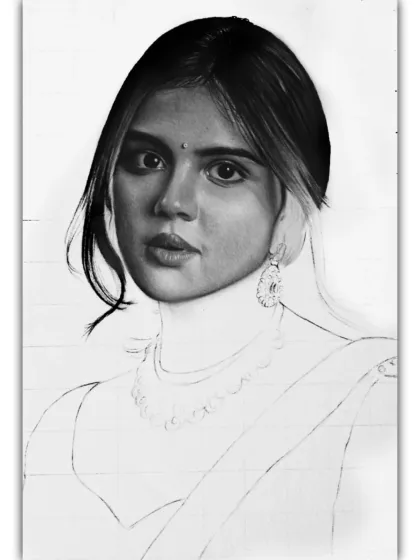 The portrait at an earlier stage, showing the face and earring taking shape.