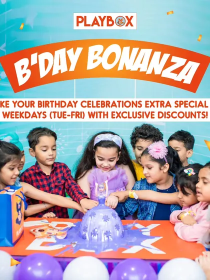 Our B'Day Bonanza offer makes weekday parties extra special. This graphic highlights the exclusive discounts available from Tuesday to Friday.