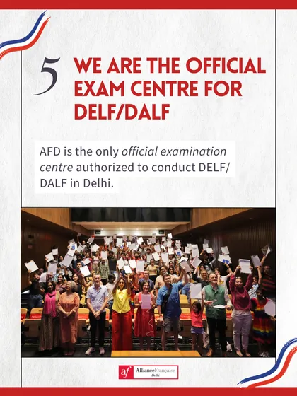 We are proud to be the only center in Delhi authorized to conduct the official DELF/DALF exams. This photo captures the joy and success of our candidates holding their hard earned certifications, a testament to their dedication and our commitment to authentic French language education.