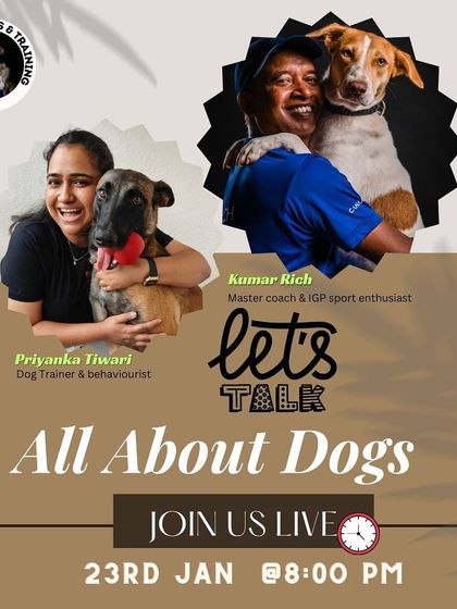 An announcement for an Instagram Live session with Master Coach Kumar Rich. I regularly host these free sessions to discuss common pet parent issues and answer your questions, making professional advice accessible to everyone.