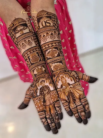 A stunning Maharashtrian bride and groom design. This custom mehendi includes traditional wedding elements and the couple's initials, creating a piece that is both personal and culturally rich.