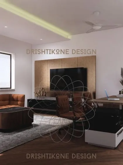 For this office in Mathura, the brief was minimal and light-filled. We delivered a sophisticated workspace using rich wooden textures, sleek leather furniture, and a layout that maximizes natural light to create a productive and modern environment.