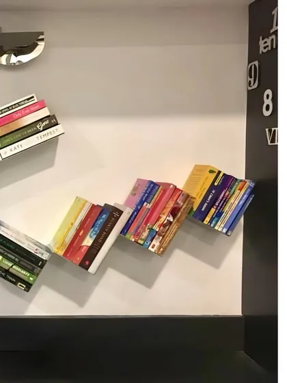 The playful, tumbling arrangement of the shelves adds a sense of fun and dynamism to the room.