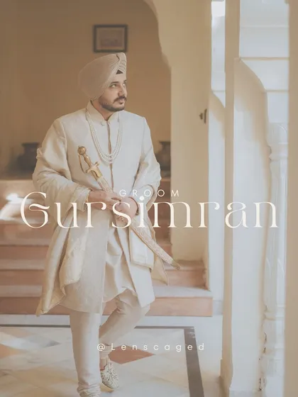 A classic portrait of a Sikh groom in his traditional wedding attire, exuding elegance and quiet confidence. We take pride in capturing the groom's personality and style on his wedding day.